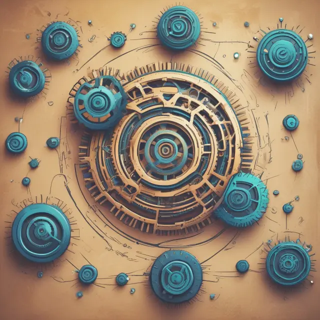 A dynamic scene showcasing gears symbolizing AI, collaboration platforms, and fintech startups interconnecting to form a future-forward ideation process in finance