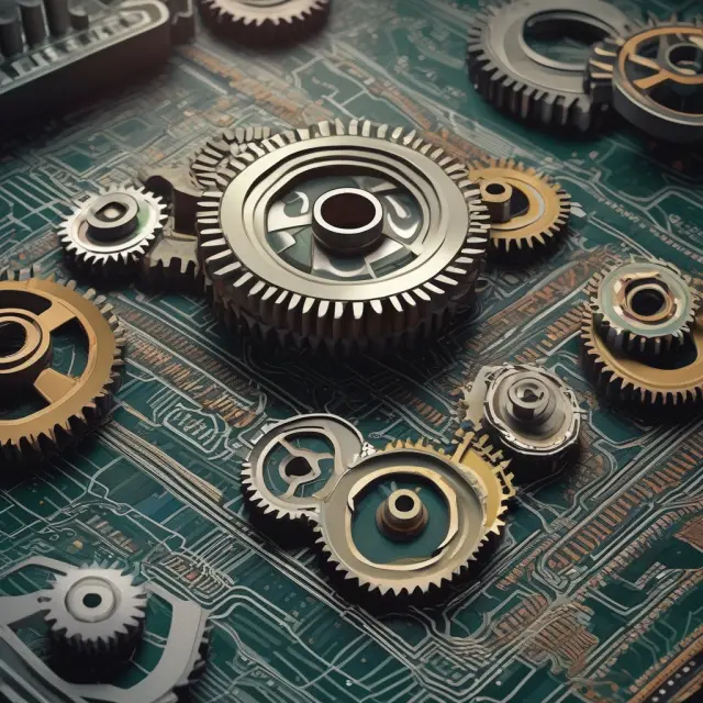 Gears and circuit boards merging on an M&A checkerboard. Representing the integration of identifiable assets from manufacturing and digital industries.