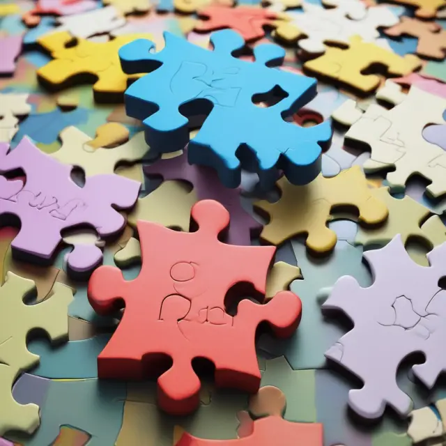 A merging jigsaw puzzle of two companies, identifiable assets as distinct puzzle pieces joining together in a balanced sheet