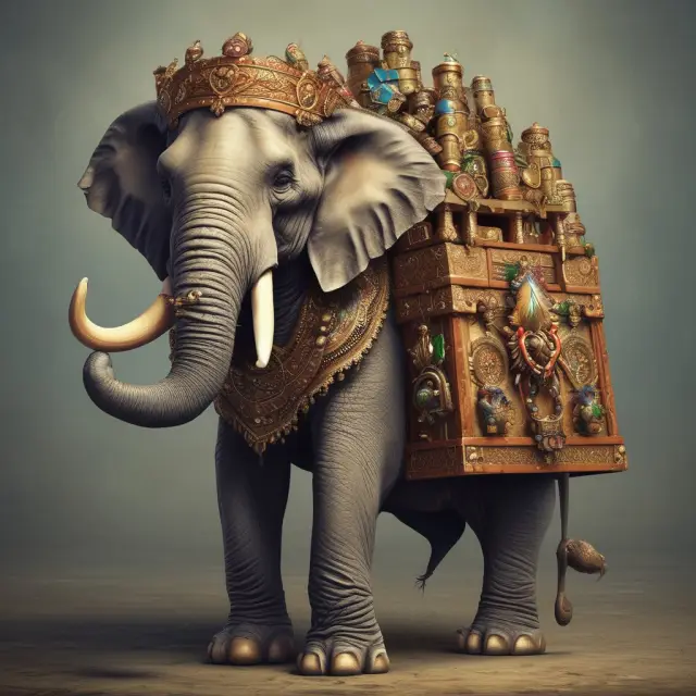 Elephant balancing a treasure chest of goodwill on tangible assets, symbolizing identifiable and intangible business values in M&A transactions