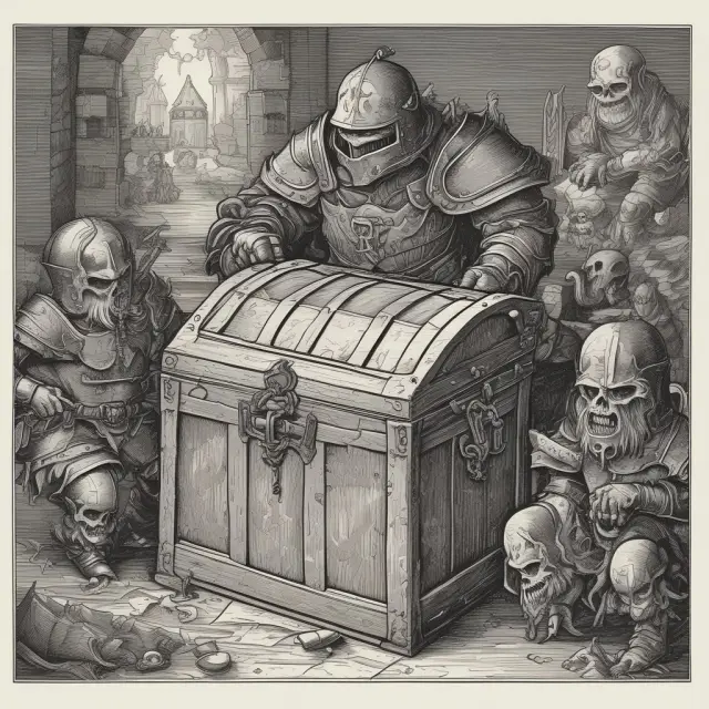 A knight protectively shielding a treasure chest filled with personal documents against cyber threats