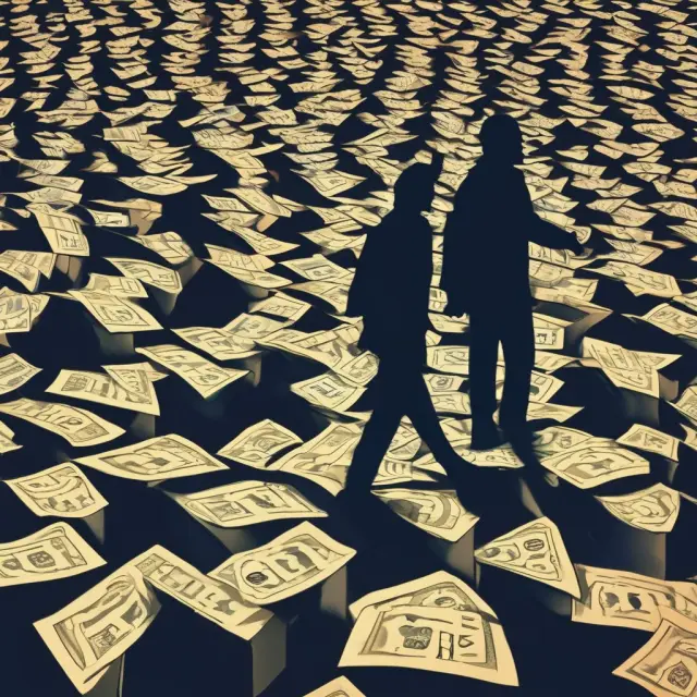 An identity thief skulking in the darkness, represented by shadowy figures, among a vast ocean of stolen information. This image relates to the analysis of identity theft statistics and trends.