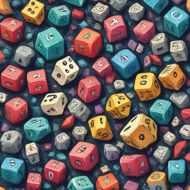 An array of diverse dice symbolizing different industries and risk factors tumbling, illustrating the concept of idiosyncratic risk.