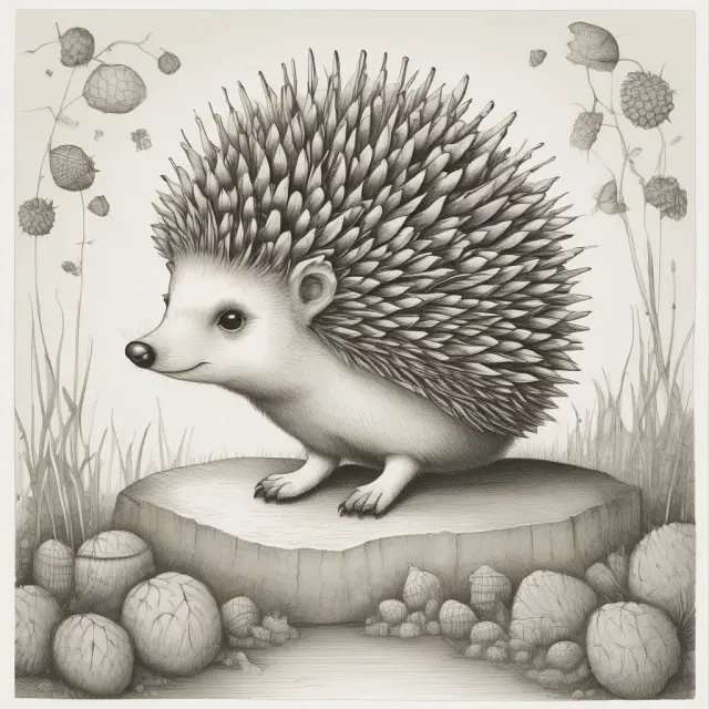A hedgehog with replaceable quills symbolizing various hedging techniques such as options contracts and portfolio diversification, shielding against idiosyncratic risk in the financial markets.