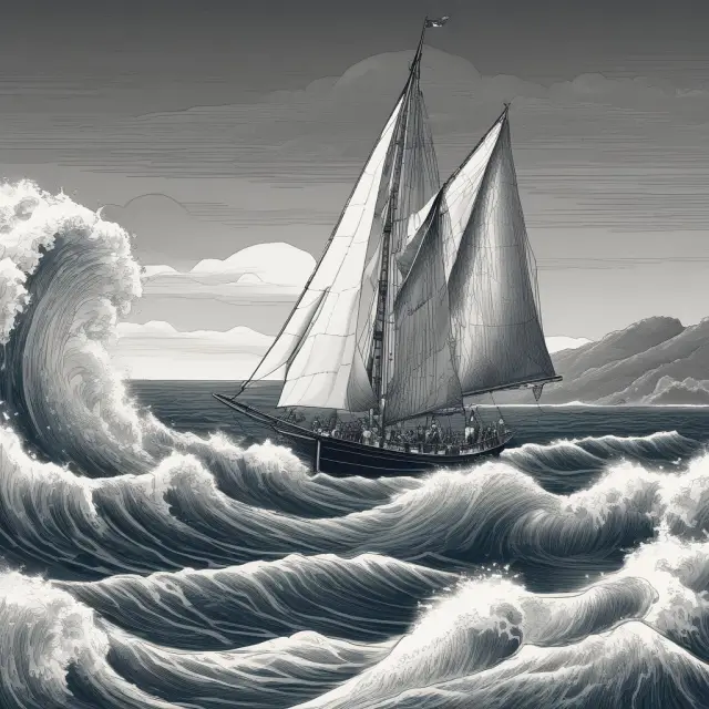 CoinBase represented as a sailboat navigating through rough regulatory waves in the cryptocurrency market, symbolizing the company