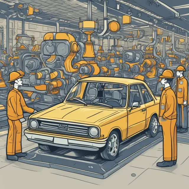 An image of a car factory assembly line, featuring an hourglass between each station to represent controlled idle time (downtime) for maintenance or inspections.