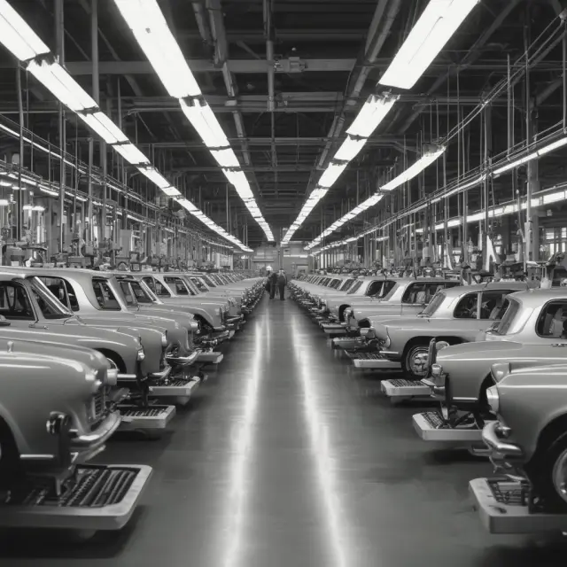 A car factory assembly line with workers and machinery idling, causing bottlenecks and reduced productivity