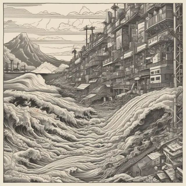 An earthquake wave disrupting a factory production line, highlighting business idle time caused by natural disasters