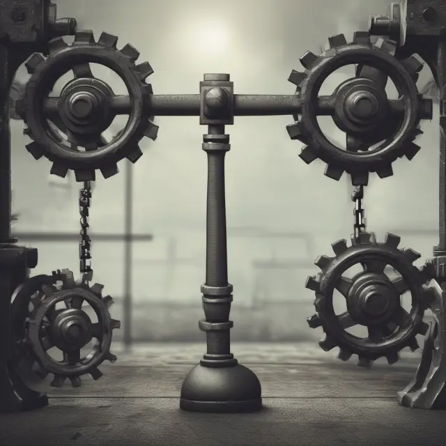 A seesaw with idle gears on one side and productive machinery on the other, symbolizing the balance between idle time and downtime in business.