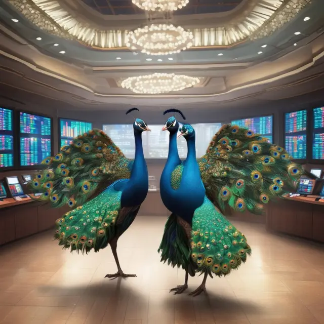 Two vibrant peacocks dancing on an Indian stock market floor with the symbols of NSE and BSE.