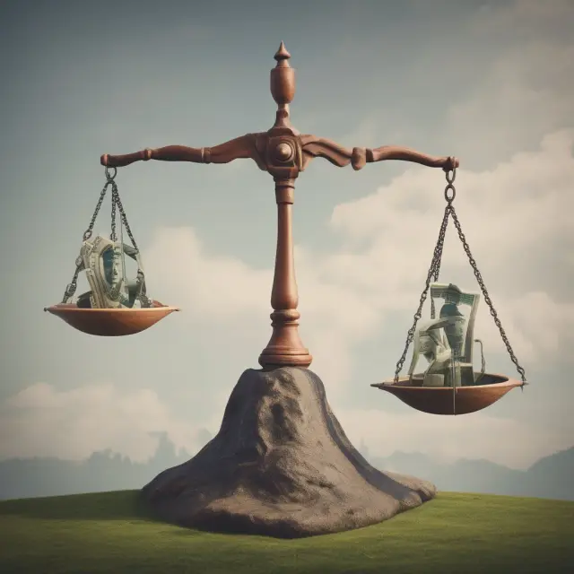A balanced scale with opposing currencies and their respective interest rates represented as weights