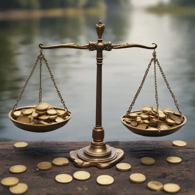 Image of a set of scales balanced on a riverbank, with coins pouring from either side to represent interest rates and exchange rate dynamics.