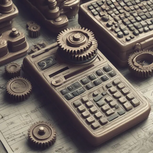 An ornate calculator machine with gears turning and dials spinning, symbolizing the intricate process of calculating a company