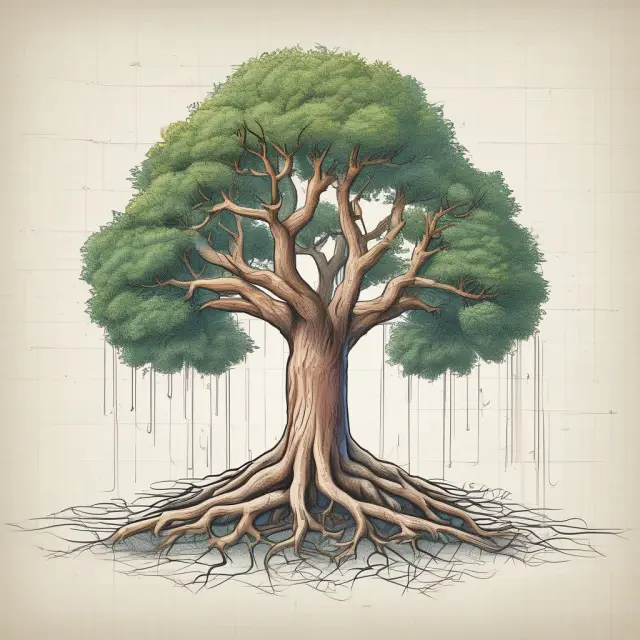 Tree with intertwined roots and branches among stock market graphs, signifying stable IFO enabling long-term business growth