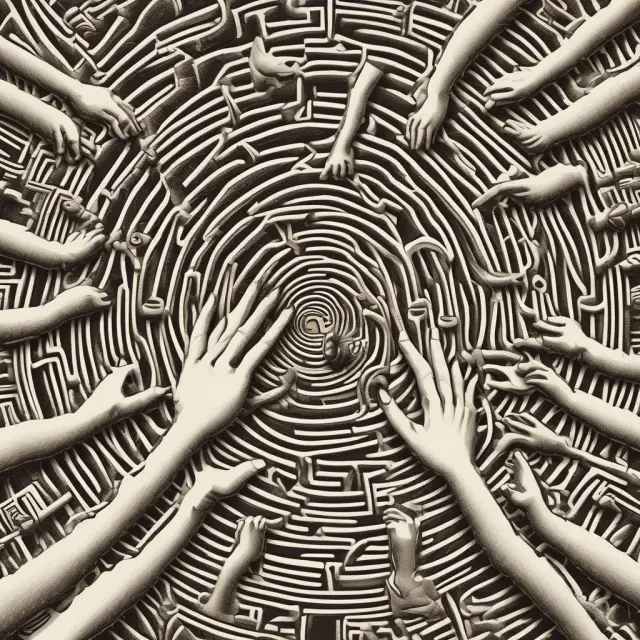 Golden coins representing illiquid assets flowing through the intricate maze-like fingers of traders, illustrating the complexity of market trading dynamics