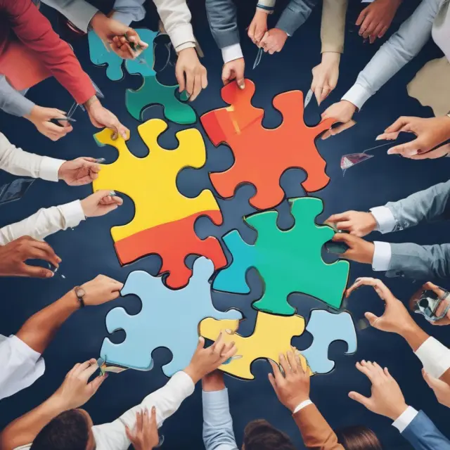 Artists working together on a large jigsaw puzzle symbolizing various investment strategies, such as pools, venture capital, and private equity, to manage illiquid assets