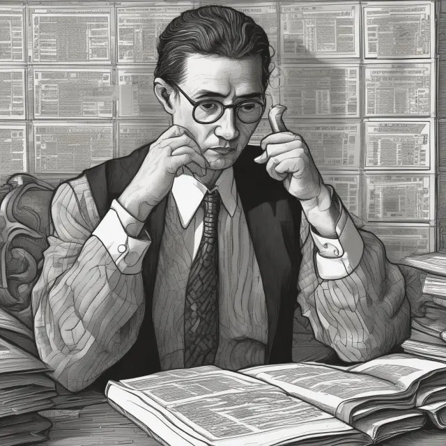 Interpreter holds a book, reading questions on illiquid assets while navigating through a maze filled with various asset representations