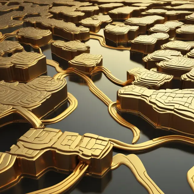 An irrevocable letter of credit (ILOC) in the form of a golden liquid flowing between interconnected banks, illustrating secure international trade transactions