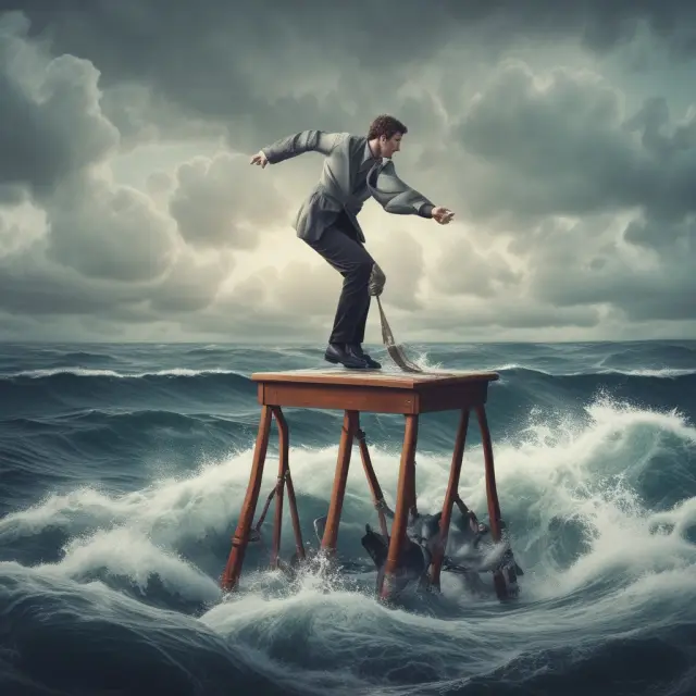 Buyer, seller, and issuing bank forming a three-legged stool amidst stormy financial waters, ensuring secure international transactions through ILOCs