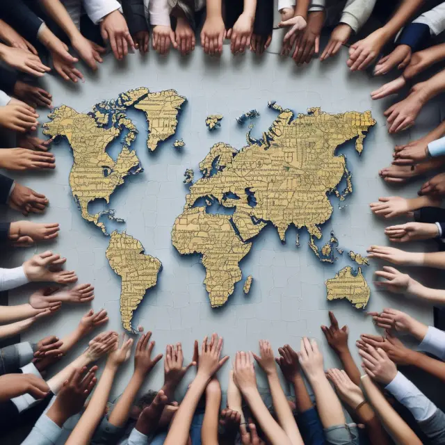 Hands forming a world map illustrating the International Monetary Fund
