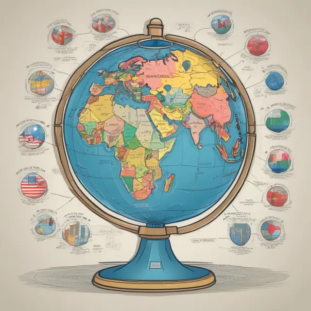 An intricately designed globe showcasing countries pouring resources into an IMF quota jar, symbolizing international financial cooperation and contributions.