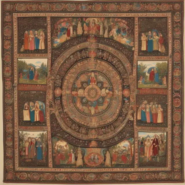 An intricate tapestry representing an interconnected group of spouses, parents, siblings, and children - immediate family members.
