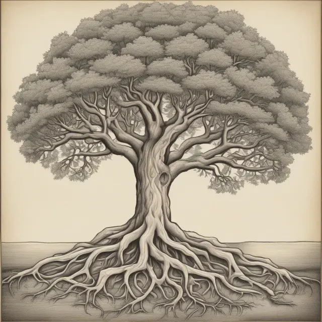 A blended tree symbolizes different family members: parents and siblings sharing roots, while partner and children branch off