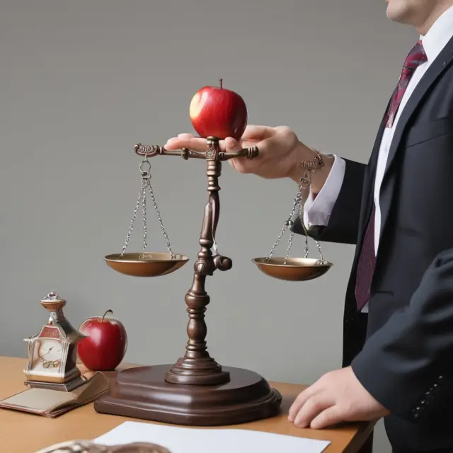 A broker holds an apple symbolizing knowledge next to a scale. One pan shows images of FINRA rules, the other depicts immediate family members and insider trading.