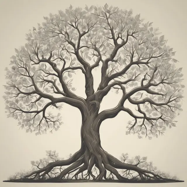 A beautifully illustrated tree with branches symbolizing various classes of heirs - spouse, children, parents, siblings, and distant relatives. Branches bloom according to intestate succession laws.