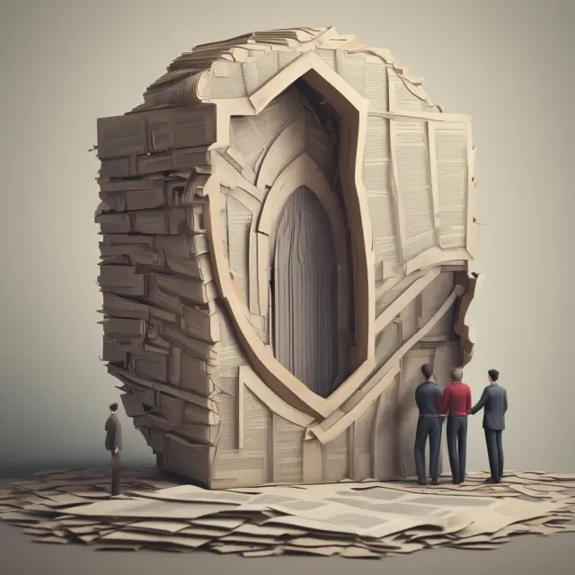 Image of a shield made from legal documents and a lawyer constructing it, symbolizing protection for an immediate family through estate planning and policy review