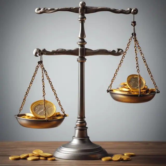 A pair of scales precariously balancing on a table, with gold coins sliding off due to market volatility, symbolizing the risks associated with Immediate-or-Cancel orders in unpredictable markets.