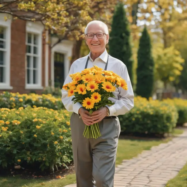 An older person with flowers representing various types of annuities in hand, standing amidst a garden teeming with retirement opportunities