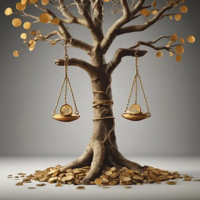 Golden coins representing annuity payments chained to a tree with roots in an hourglass, illustrating the inflexible and unpredictable nature of immediate payment annuities