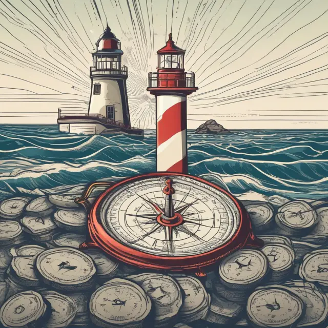 A compass pointing toward a lighthouse amidst a stormy sea, symbolizing the selection process for reputable annuity providers.