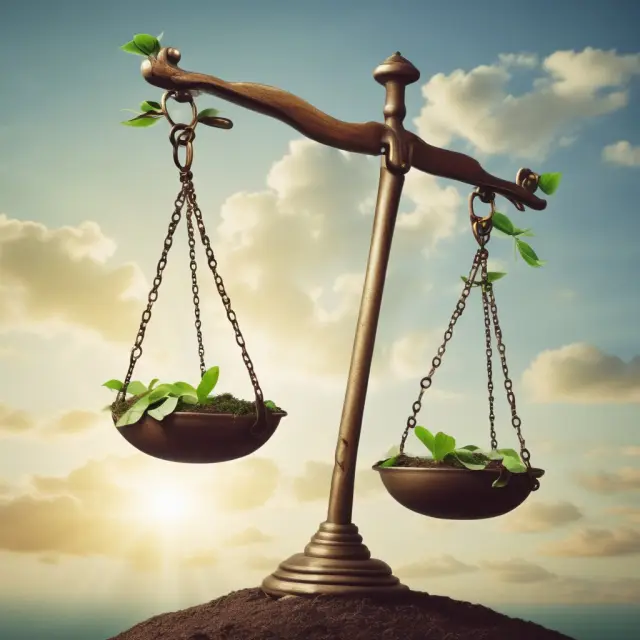 Balanced scales represent impact investing, with one pan holding financial rewards and the other representing social & environmental outcomes.