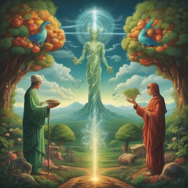 Elemental guardians tending to flourishing plants representing healthcare, education, energy, and agriculture industries within impact investing