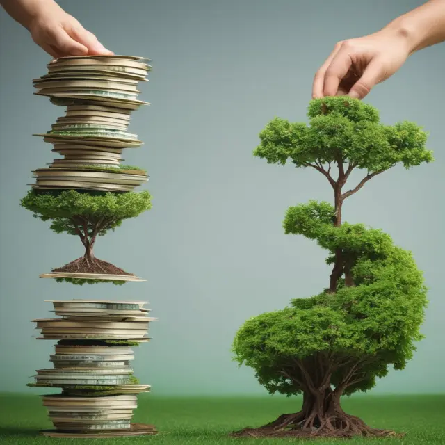 Two scales balancing financial returns and social responsibility, with ESG (Environmental, Social, and Governance) on one side and Impact Investing on the other