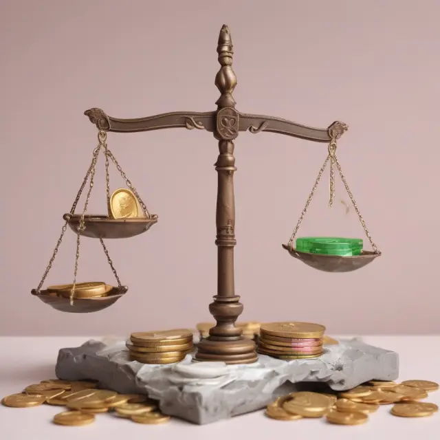 A balanced scale with coins of IRIS, UN SDGs, remote sensing data, and ESG ratings, symbolizing the tools used to measure social and environmental impact in investments.