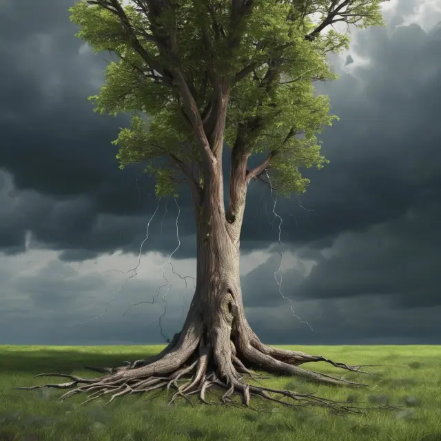 An impaired asset represented as a withering tree in stormy economic conditions
