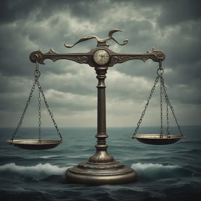 A pair of scales balanced between an aging clock and a stormy sea, representing the concepts of depreciation and impairment in financial accounting.