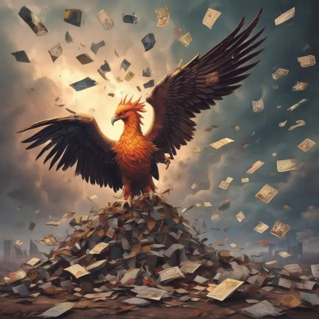A person struggling with debt surrounded by broken credit cards and dark clouds. A phoenix arises from the flames, symbolizing financial recovery.