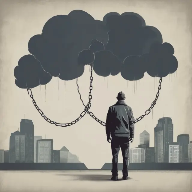 A man shackled by debt beneath a foreboding storm cloud, representing the burden and challenges of impaired credit.