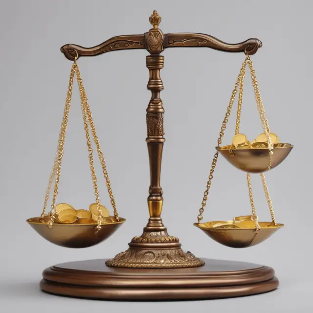 Scale with gold coins (depreciation) and crystal spheres (intangibles) symbolizing assets undergoing impairment testing