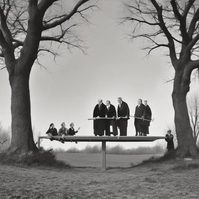 A visual representation of federal officials standing on a seesaw during an impeachment trial. This scene symbolizes the balance of powers in the U.S. government.