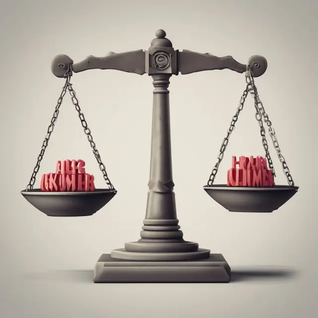 Justice scales teeter on a seesaw, with 