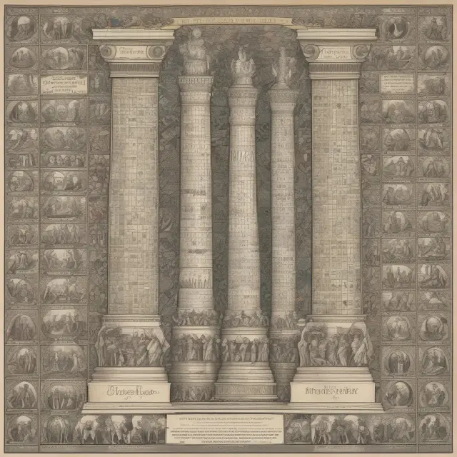 A vibrant mosaic displaying significant historical impeachment moments as towering pillars, illustrating the importance of checks and balances in American democracy.