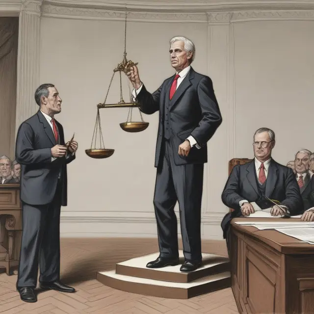 A juggler expertly balances two scales representing the impeachment trials of Presidents Clinton and Trump