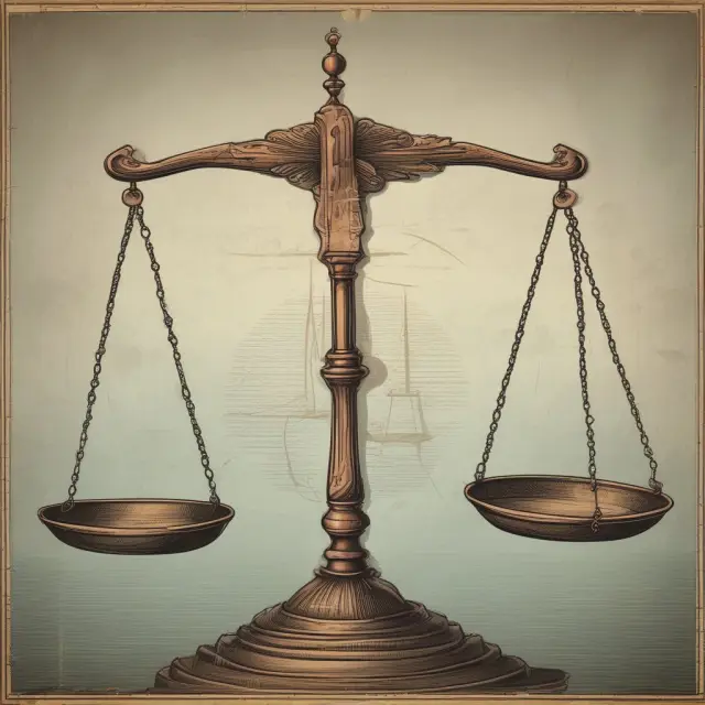 Scales of justice representing the U.S. Constitution balance power and law while the impeachment process symbolically navigates through its crossroads