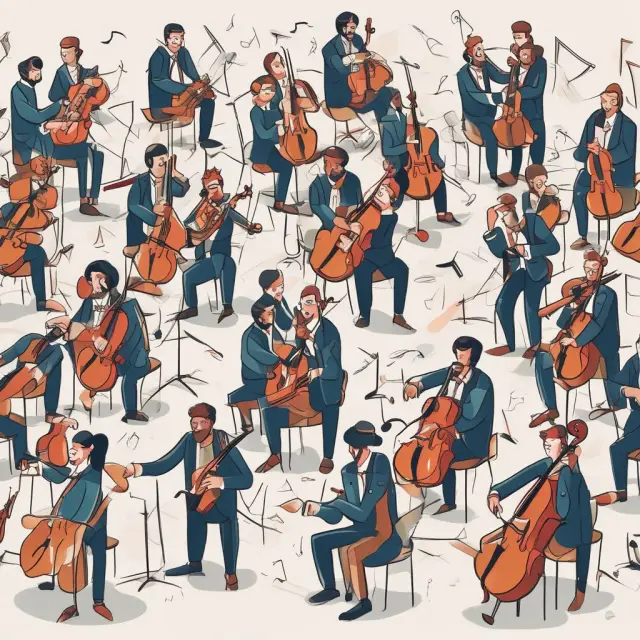 Unique musicians performing in an orchestra, representing various businesses facing challenges of asymmetric info, market power, and game theory.