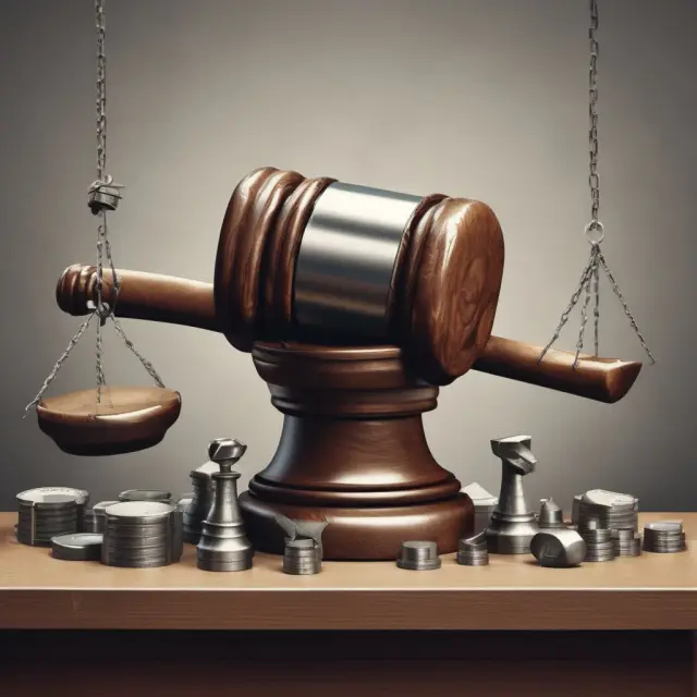 A large gavel crushes several smaller hammers on anvils, illustrating a monopolist